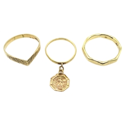  9ct gold ring with St Christopher charm, and two 9ct gold rings, all hallmarked or stamped 375  