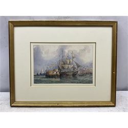 The Revd. George Jackson (British 1816-1876): 'Transport along a Hulk' and 'Timber Ships at Portsmouth Harbour', pair watercolours signed with initials, titled on gallery labels verso 15.5cm x 21cm and 15.5cm x 24cm (2) 
Provenance: with the Fry Gallery, London, labels verso