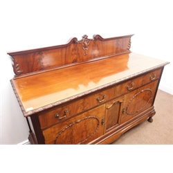  Late 19th century mahogany sideboard, raised shaped back with floral and urn carving, two drawers and two cupboards, acanthus carved ball and claw feet, W170cm, H143cm, D60cm  
