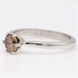 18ct white gold fancy brown diamond ring, six claw set with a round brilliant cut diamond of approx 0.80 carat, hallmarked