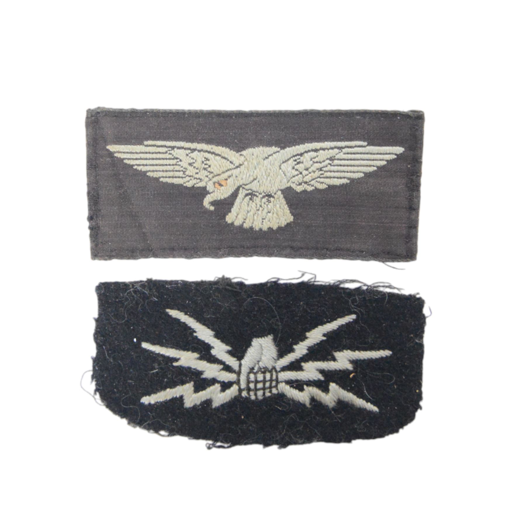 RAF scarce cloth embroidered Wireless Operator Air Gunner brevet and Air Gunner, together with wireless operator patch, eagle shoulder patch and three flight sergeant crowns 