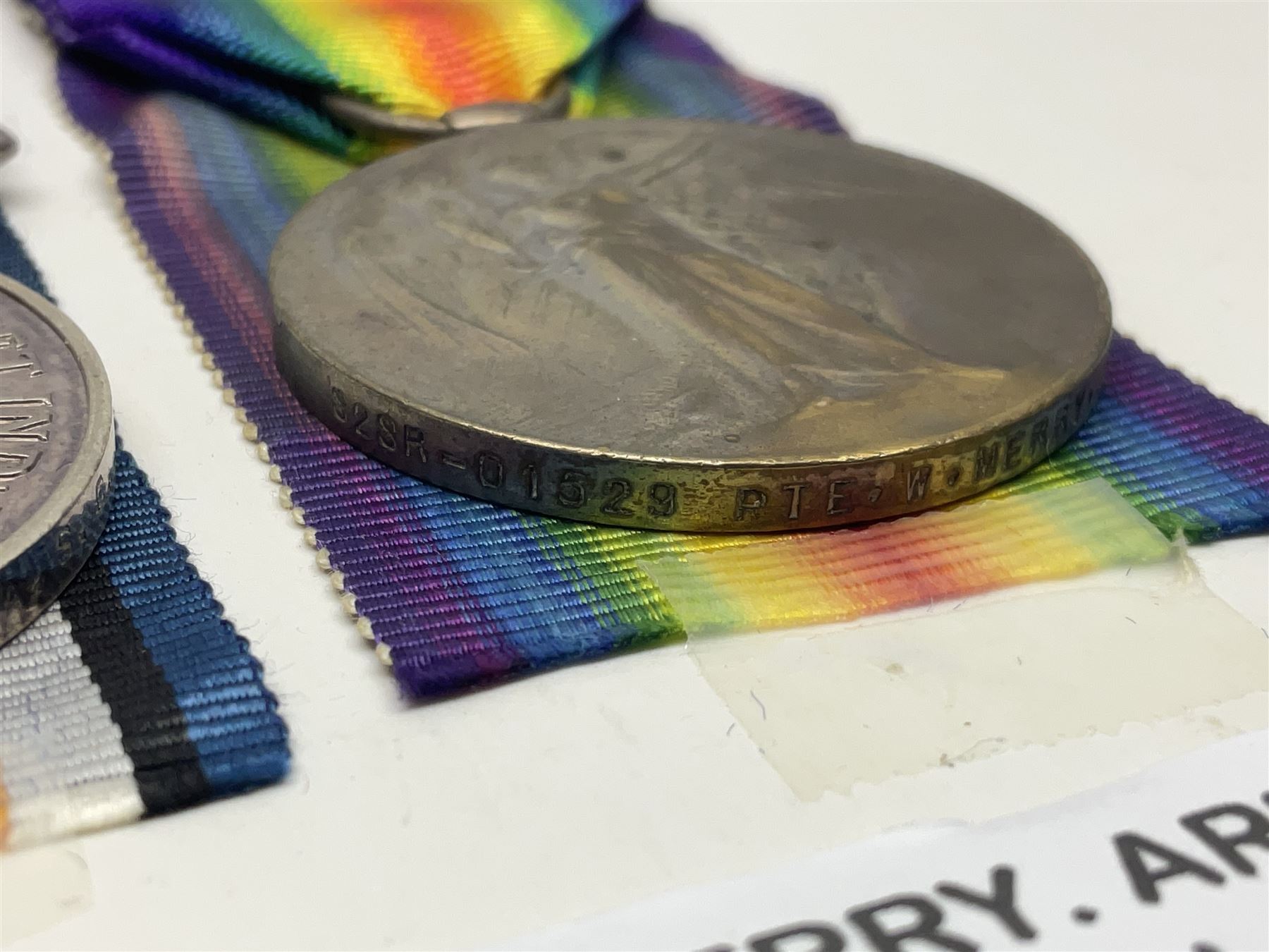 WWI trio of medals comprising British War Medal, Victory Medal and 1914-15 Star awarded to S2SR-01529 Pte. W. Merry A.S.C.; all with ribbons