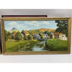 Will's Cigarette cards - Wild Flowers Second Series (framed) together with J Wrigley (British 20th century): 'Great Ayton', pair oils on board signed and two other prints max 38cm x 44cm (5)