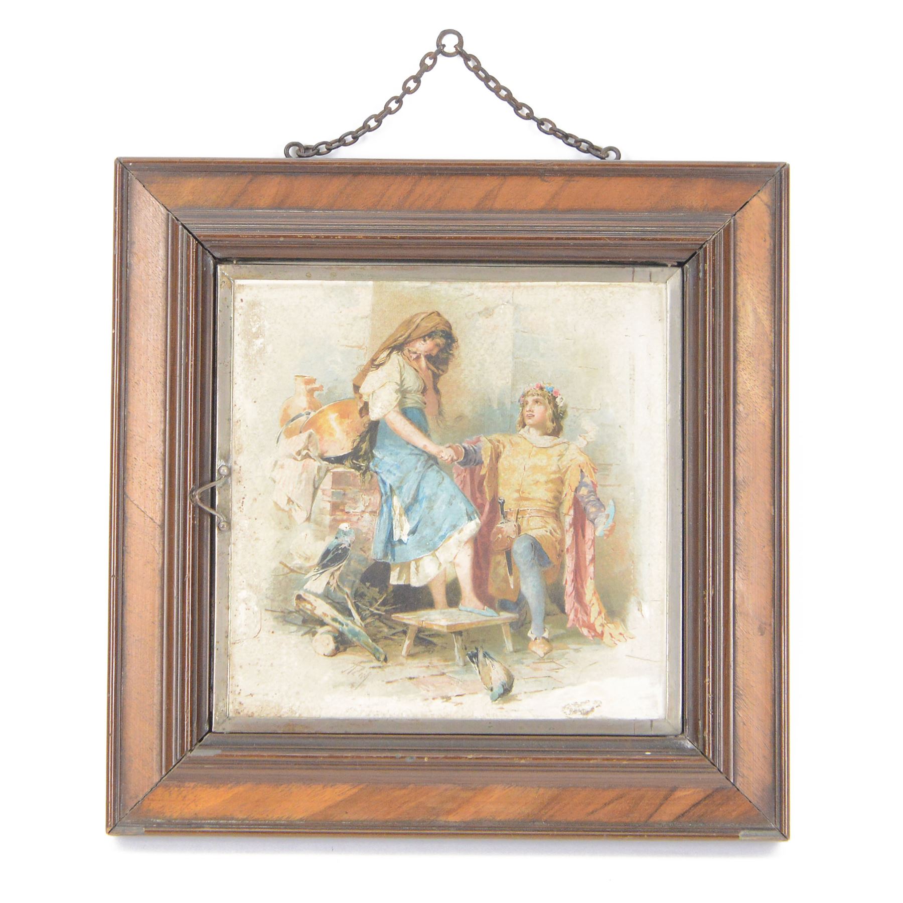 Framed folding mirror, the two fold out mirrors with chromolithographic scenes to the verso, H30cm