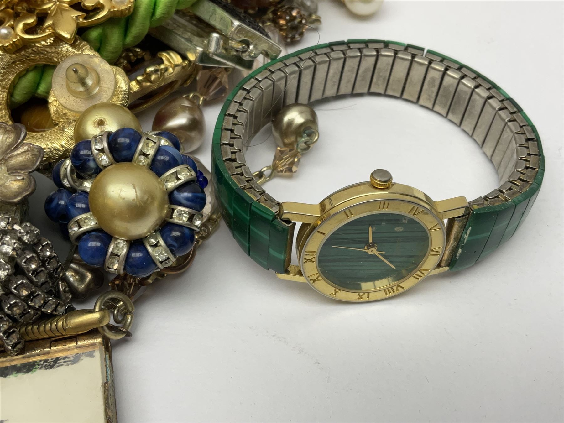 Norweigian silver enamel leaf brooch by David Andersen, together with a military issue pocket watch and a collection of costume jewellery including pair of clip on earrings by Butler & Wilson, beaded jewellery, brooches, etc