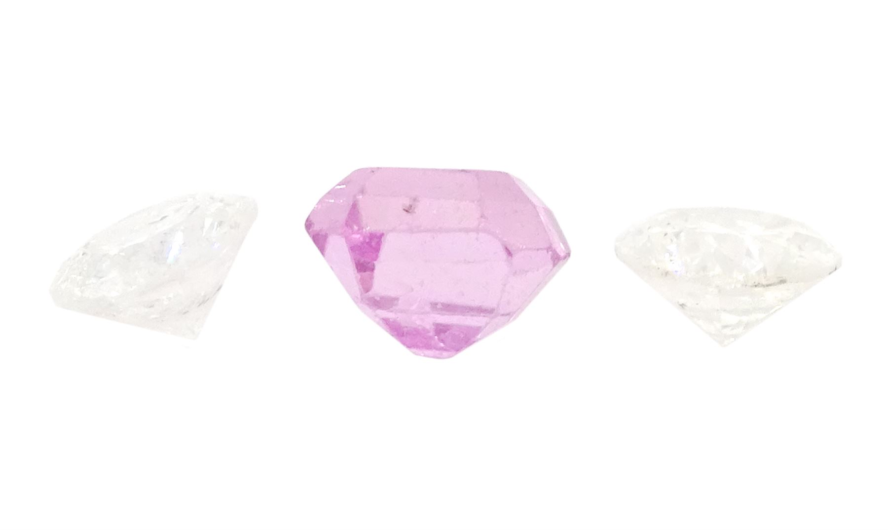 Loose octagonal cut pink sapphire stone of 0.44 carat, with World Gemological Institute report and two loose round brilliant cut diamonds of approx 0.35 carat total weight
