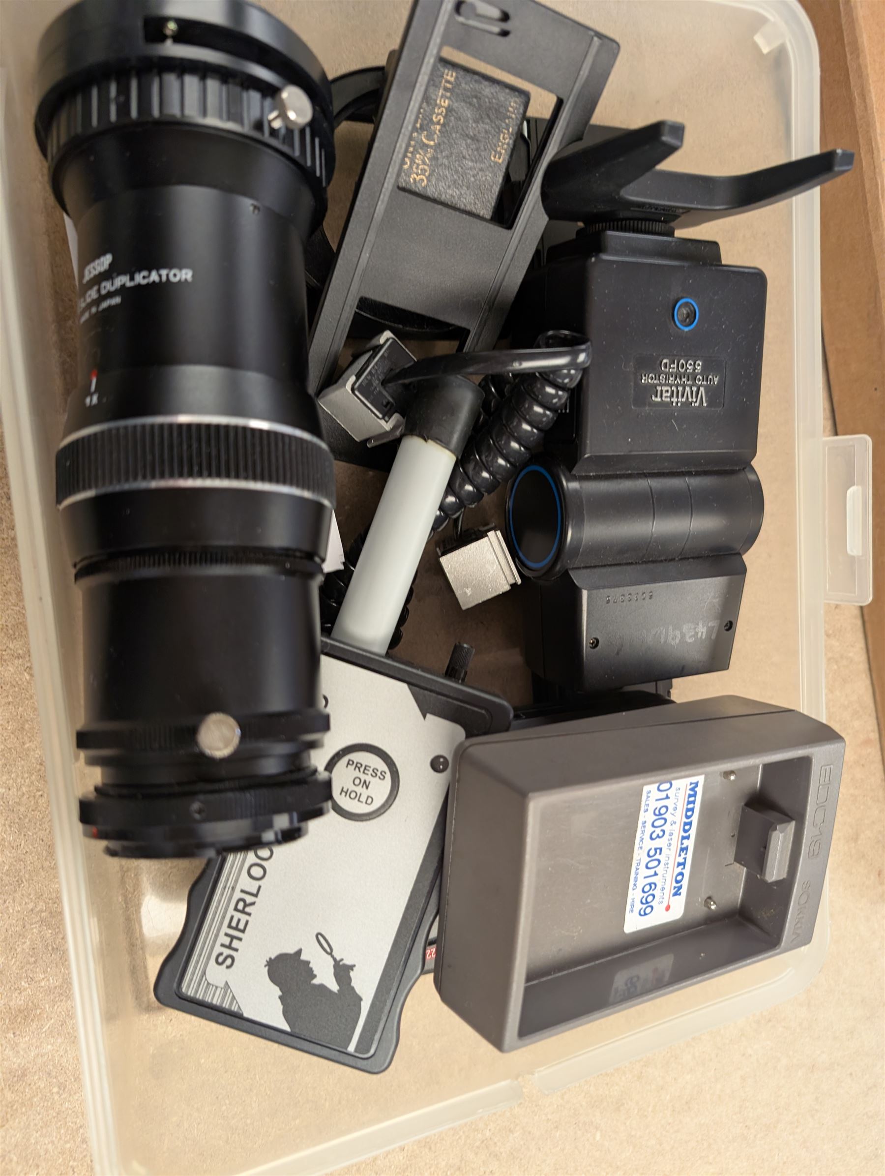 Camera equipment, including Photax Interbrolly, Jessop Zoom Slide Duplicator, Vivitar Auto Thyristor, filters, etc