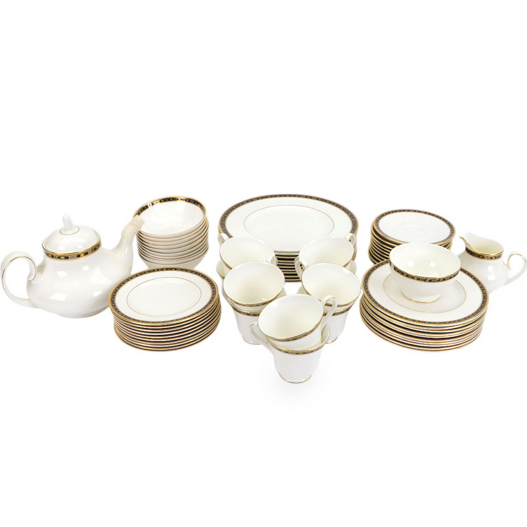 Royal Doulton Monaco pattern tea and dinner service for eight place settings, comprising teapot, cups and saucers, small bowls, side plates, dinner plates, milk jug and sugar bowl