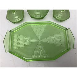 Czech uranium glass dressing table set, comprising twin handled tray, pair of candlesticks, three lidded jars and ring holder dish, and a blue Finnish Riihimäki glass, tray L35cm