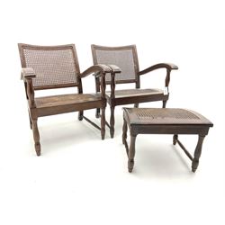 Pair mid 20th century cane seat and back armchairs, turned supports and stretcher (W61cm), together with matching footstool 