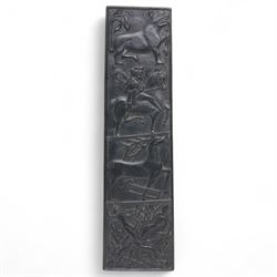 Mid-century medieval revival composite ebonised wall plaque, the lower section with hell s...