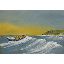  Lifeboats at Sea, three 20th century oils on board, signed by John Thompson, Bill Wedgwood and M. Watson max 28cm x 43cm (3)  