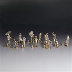 Set of twelve silver place card holders from the 'Cries of London' series, each depicting traditional London street traders, hallmarked Thomas Charles Jarvis, London 1975, tallest H6.5cm