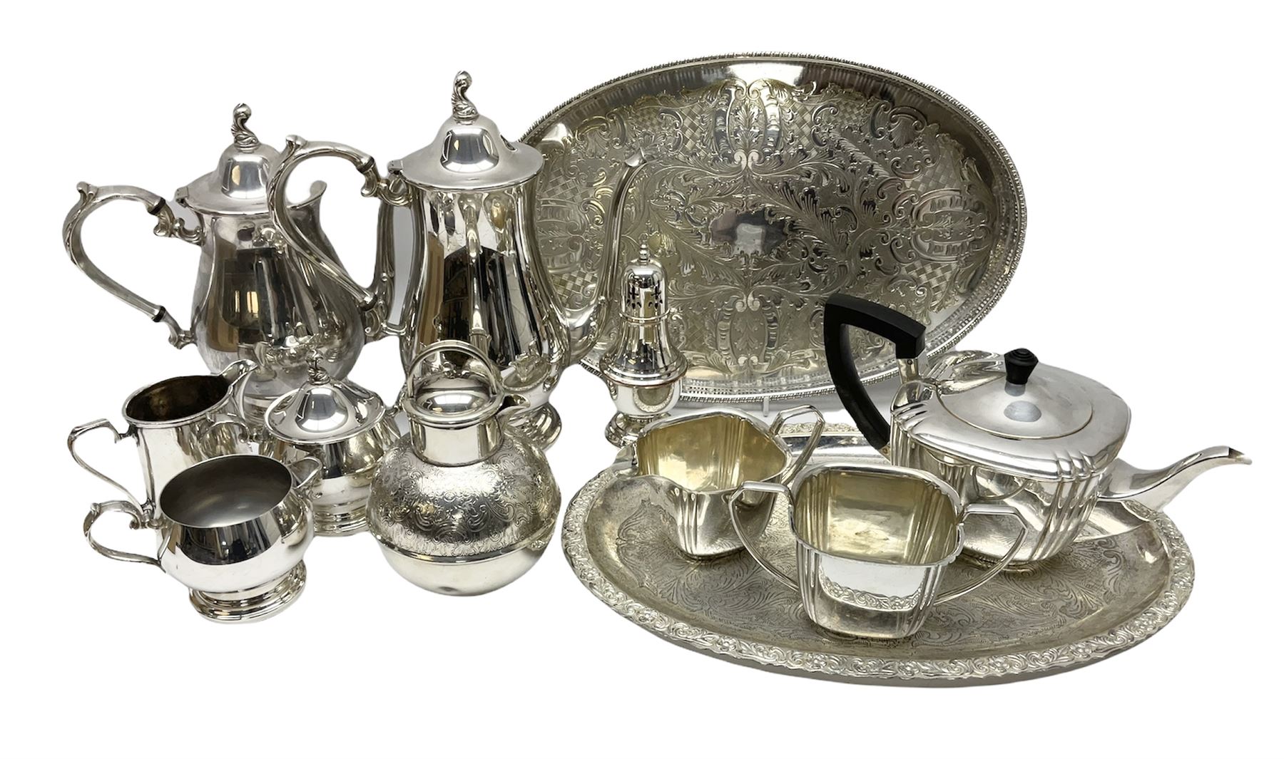 Silver plated tea set by H Fisher & Co of Sheffield comprising tea pot, open sucrier and milk jug, Viners of Sheffield 'Chased' tray, Onedian USA silver plated tea and coffee pots with lidded sucrier and jug, and other plated and similar items
