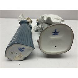 Two Lladro figures, Over the Threshold no 5282 and Prayful Moment no 5500 together with five Nao figures