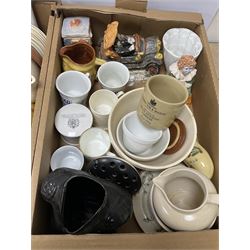Three boxes of ceramics to include Victorian jelly mould, studio pottery, musical 'All Lit Up' elephant decanter, lidded tureen, tea wares etc