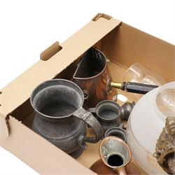 Collection of metalware, including various pewter measures copper measure, oil lamp, etc