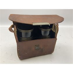 Pair of 20th Century 8 Lens binoculars and further French brass pair detailed ‘Godchaux Rue De Rivoli 156 Paris’ both in leather cases and three cameras 
