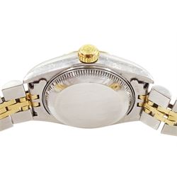 Rolex Oyster Perpetual DateJust ladies stainless steel and gold automatic wristwatch, circa 2000, Ref. 79173, serial No. P551650, silvered dial with baton hour markers,  on Rolex Jubilee stainless steel and gold bracelet, with fold-over clasp, boxed with papers