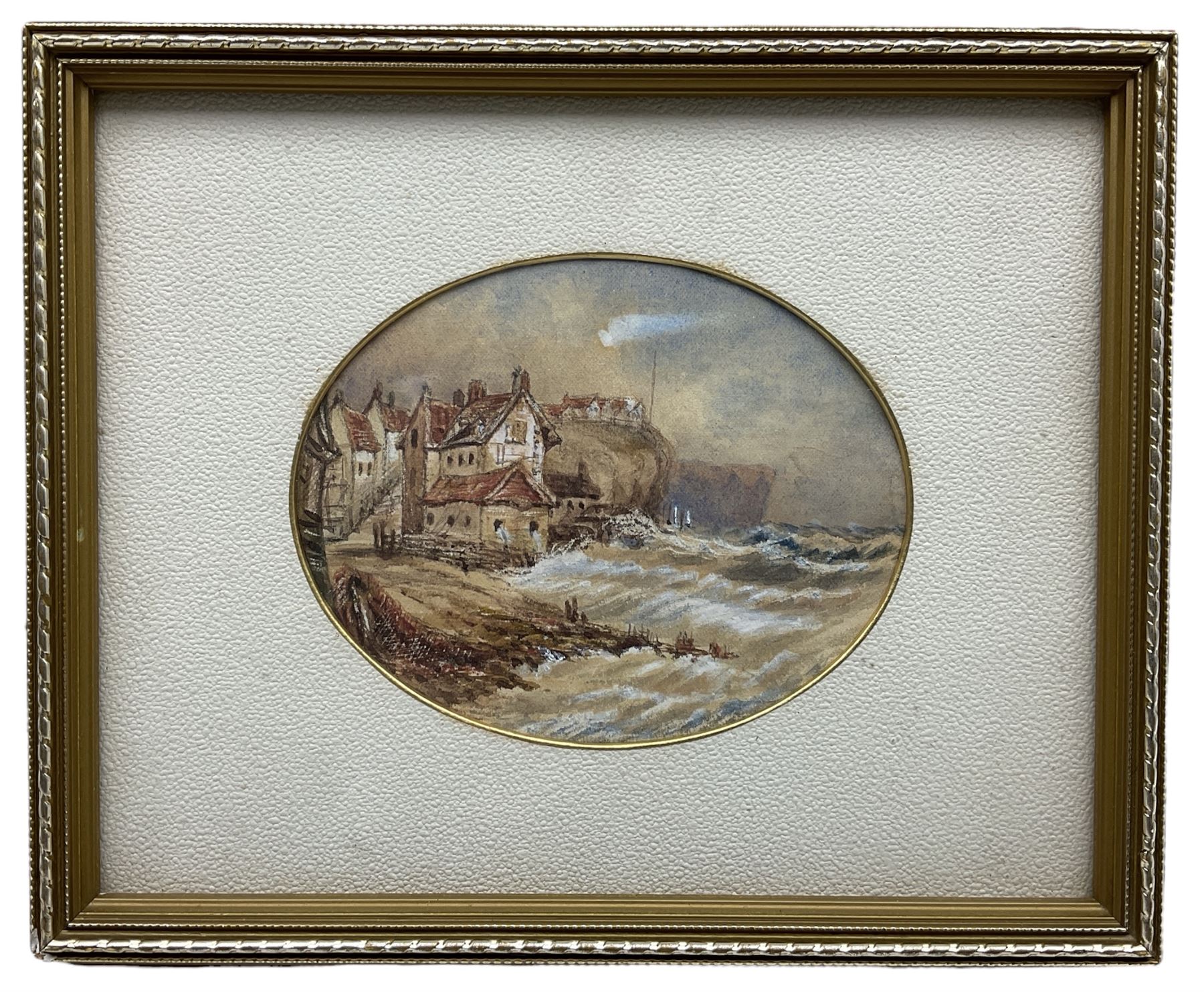 Circle of Henry Barlow Carter (British 1804-1868): Robin Hood's Bay, oval watercolour unsigned 9.5cm x 12cm