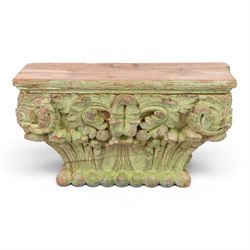 Antique carved wooden capital, with residual green paint, H21cm, L36cm 