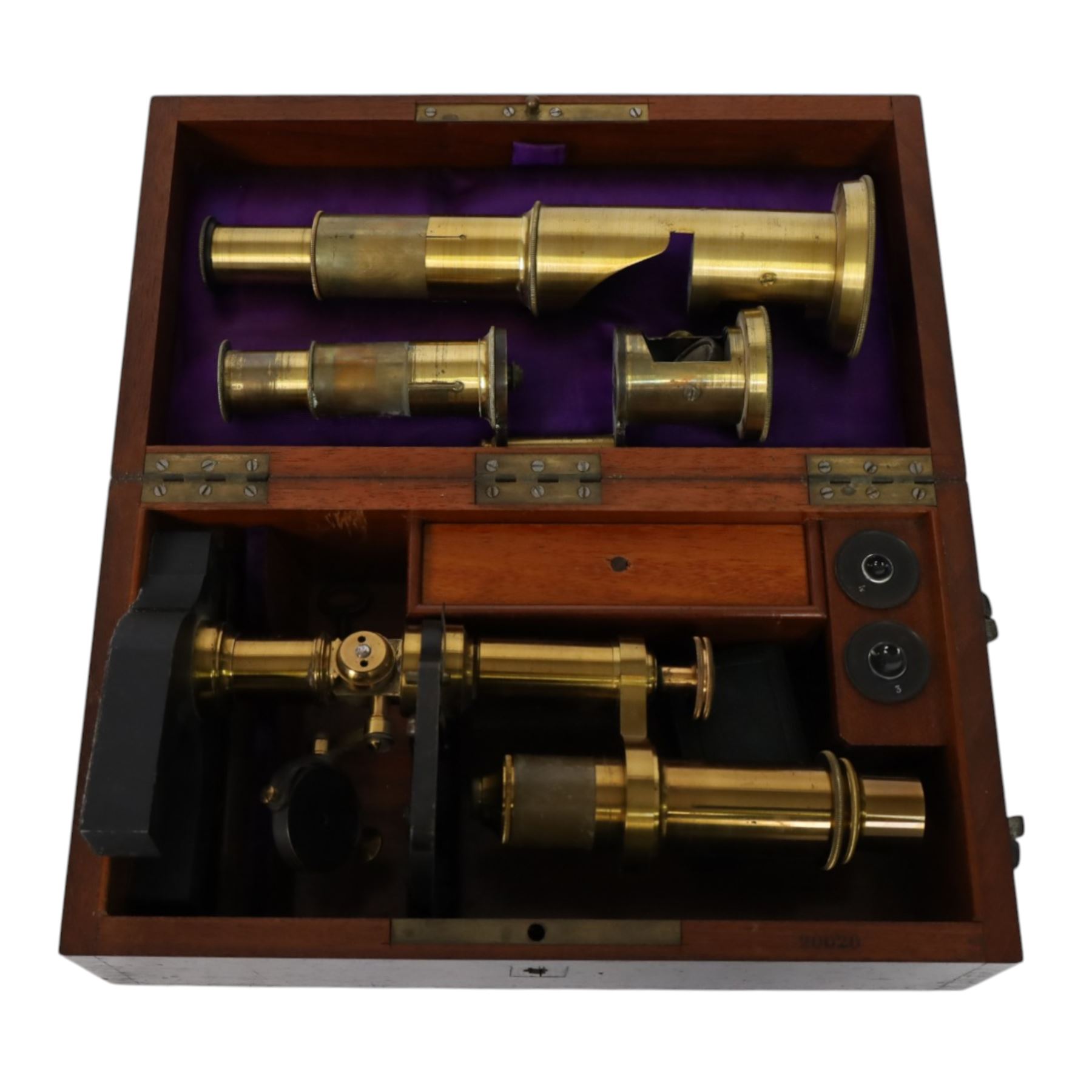 19th century brass monocular microscope by Hartnack & Prazmowski, in fitted case incscribed David Marr London, with two eyepieces, together with two further brass monocular microscopes
