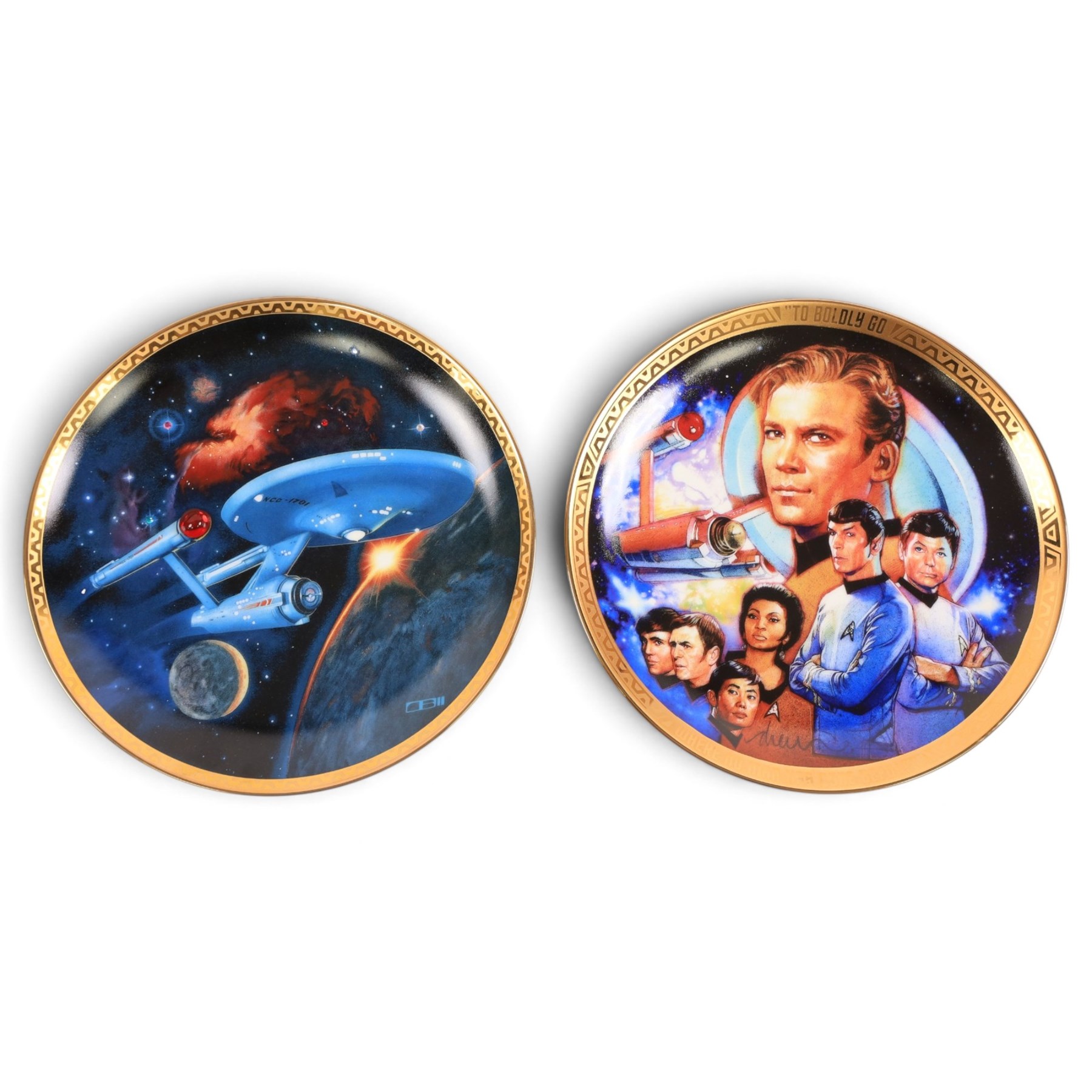 Franklin Mint limited edition Star Trek collectables, comprising seven miniature dioramas under display domes, The USS Enterprise Bold New Millennium large collectors plate, Crystal Edition Galaxy collectors plate and a talking series collectors plate
