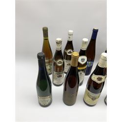 Mixed alcohol including Pieroth Grun-Gold 1983 Klusserather St. Michael Auslese 70cls, Pieroth Blue 1987 Kabinett Nahe 700ml, 7.5%vol etc, various contents and proofs, 18 bottles