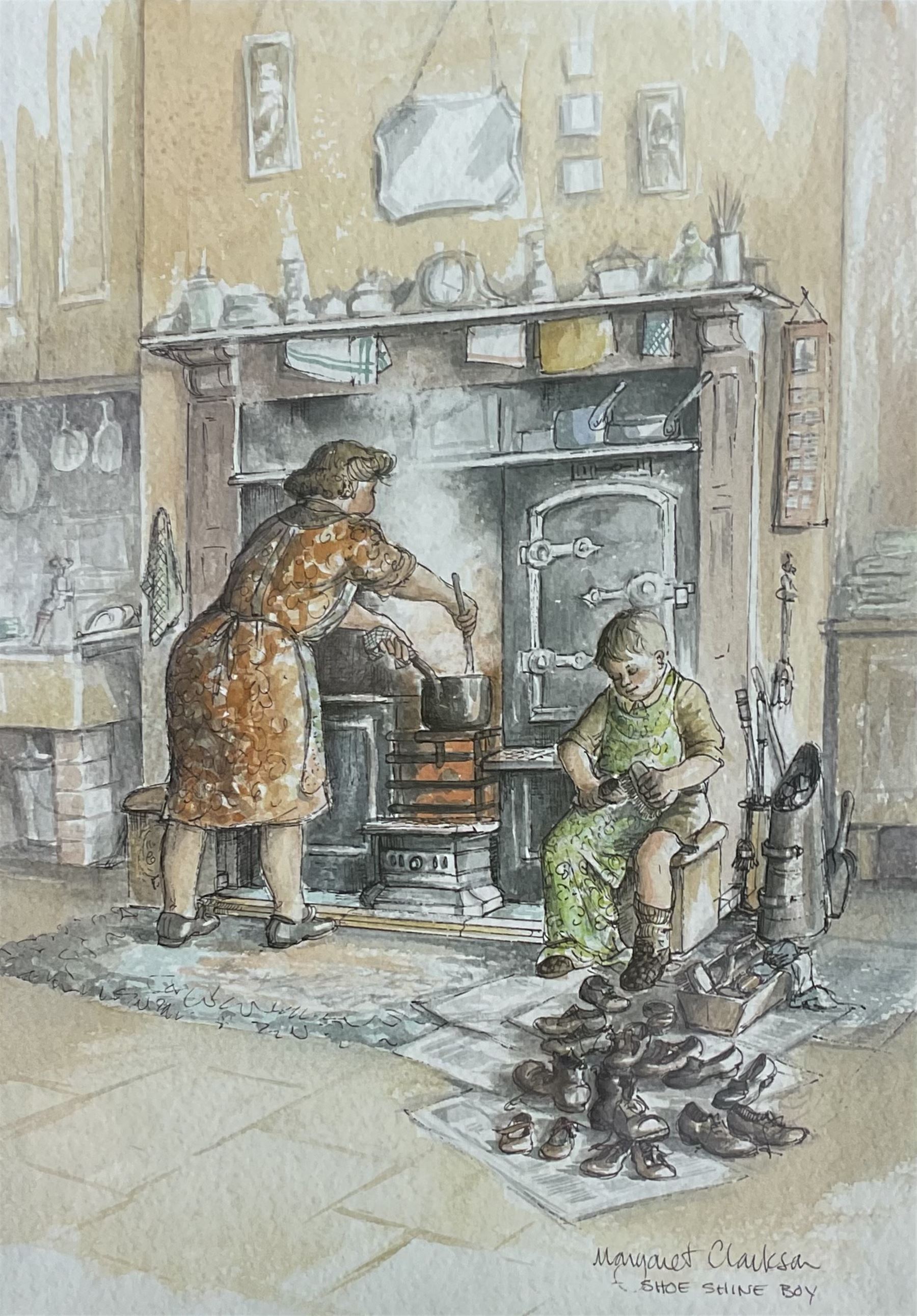 After Margaret Clarkson (British 1941-): 'Wash With Mother' 'Porridge Again' and 'Shoe Shine Boy', three limited edition colour prints signed and numbered together with two more framed prints after the artist each comprising of five limited edition signed colour prints max 28cm x 38cm (5)