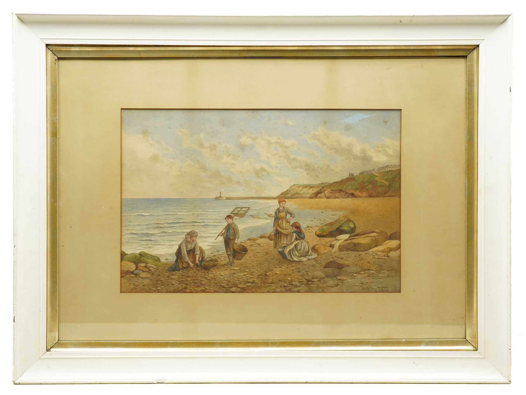 Kate E Booth (British fl.1850-1898): Figures on Whitby Beach Looking to Whitby Abbey and Lighthouse, watercolour signed and inscribed 34cm x 52cm