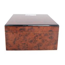 Birdseye maple humidor, together with watch organiser, the hinged lid opening to ten cushioned sections, with draw beneath  