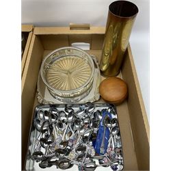 Quantity of souvenir spoons, brass shell case, various metalware to include hip flasks, tankard, and cutlery, wooden boxes, etc in two boxes