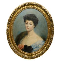 René Lelong (French fl.1895-1930): Portrait of a Lady with a Fur Stole, oval oil on canvas...
