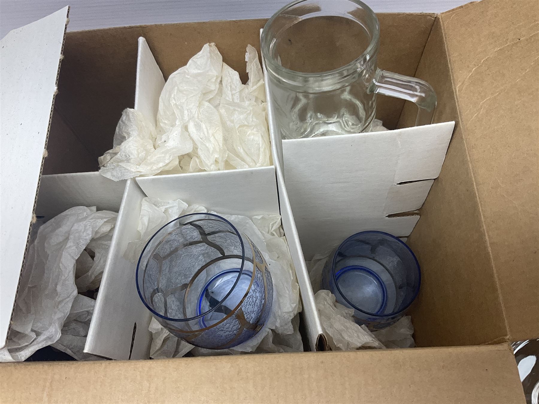 Moorcroft Hibiscus pattern trinket dish, together with Edinburgh Crystal wine glasses, Colclough ivy pattern tea and dinner wares etc, in three boxes 