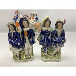 Quantity of Victorian and later Staffordshire style figures, to include examples upon horseback, sheep, drummer etc