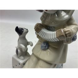 Four Lladro figures, comprising Littles Clown no 5811, Having a Ball no 5813, Pierrot with Puppy no 5277 and Pierrot with Concertina no 5279, all with original boxes, largest example H19cm