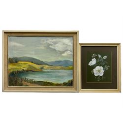 L E Hole (Hull mid 20th century): Scottish Loch and Rose Study, oil on canvas board and gouache signed with initials, titled verso (2)
