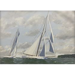George Drury (British 1950-): 'Lulworth and White Heather II off Cowes 1927', oil on board signed, titled verso 29cm x 38cm 