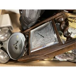 Quantity of clocks, including Amethyst clock, brass skeleton clock, a mantel barometer with barley twist decoration etc