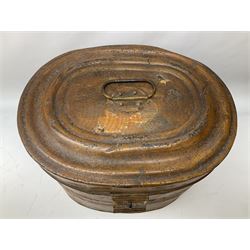 Victorian metal hat box, oval form, with a scumble wood-grained finish exterior and sky interior, H28cm