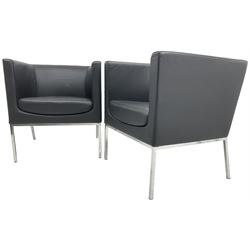 Orangebox - pair of contemporary 'Drift' tub armchairs, upholstered in blakc faux leather, on chrome supports