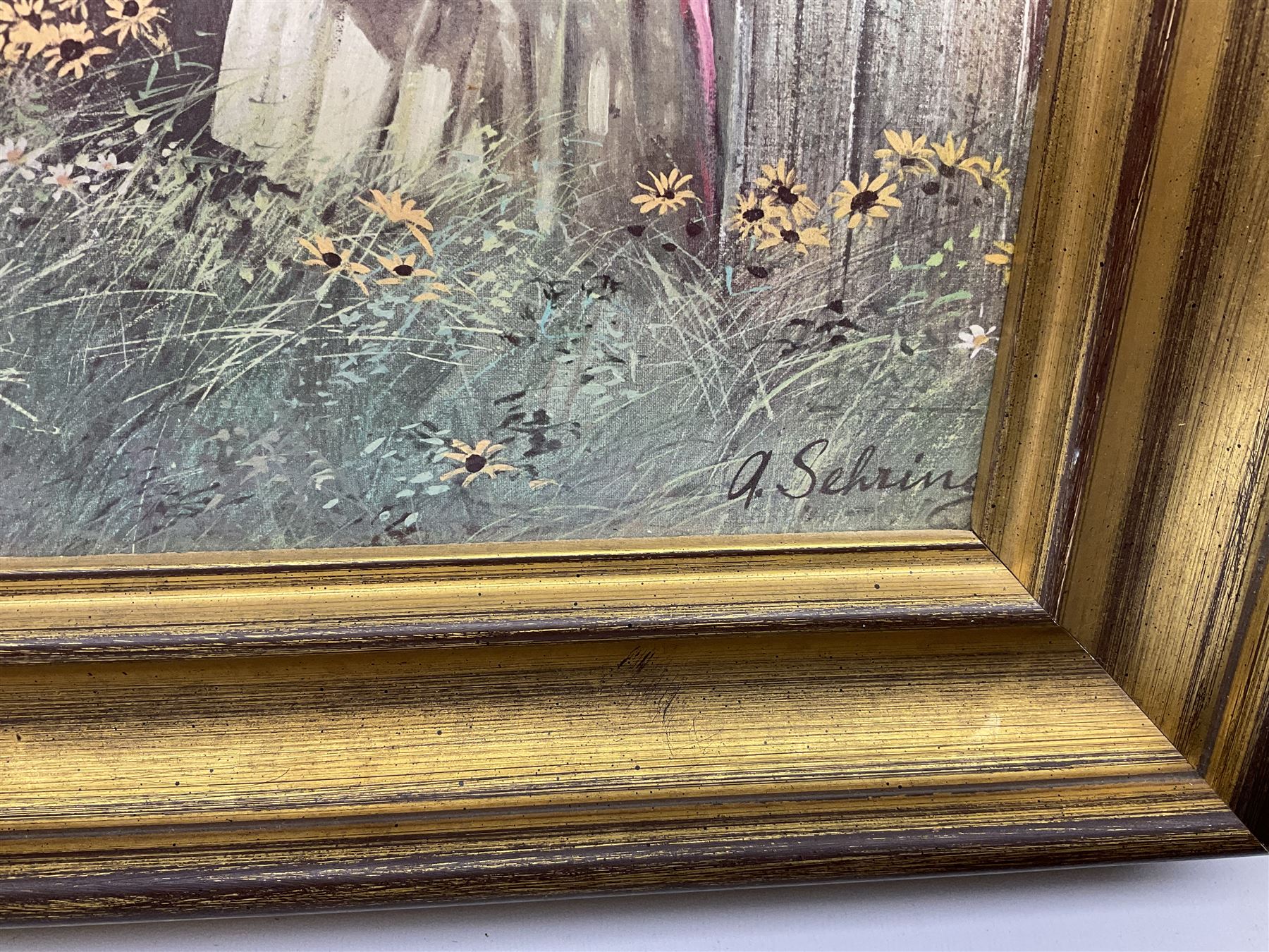 After Claude Monet (French 1840 - 1926): 'San Giorgio Maggiore', colour print; After Adolf Sehring (American 1930-): Summer Daydream, textured print; after John Trickett (British 1952-): Spaniel Puppy, colour print signed together with two needleworks (5)