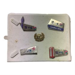 Set of London 2012 pin badges, two pairs of letter scales, together with Wooden box marked Hogwarts School of Witchcraft and Wizardry and other collectables 