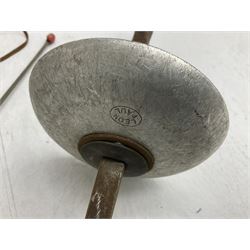 20th century Indian Tulwar sword with 71cm plain curving steel blade and iron hilt with extended langets, knopped grip and spiked pommel; in canvas covered wooden scabbard L87.5cm overall; together with five fencing swords comprising four foils and one epee, three marked Leon Paul, one in carrying case (6)