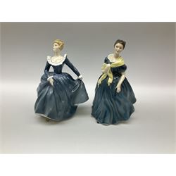 A group of eight Royal Doulton figures, comprising Simone HN2378, Amy HN3854, Fragrance HN2334, Louise HN3207, Adrienne H2304, Michele HN2234, Fine Lady HN2193, Winsome HN2220 and a Coalport figure, Polly. 