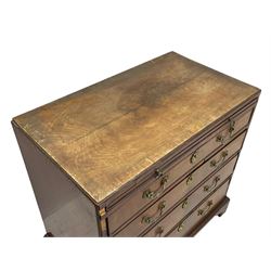 George III mahogany chest, banded caddy top with moulded edge, brushing slide over four graduating cock-beaded drawers, ornate cast gilt metal handle plates and escutcheons, swan neck handles cast with dolphins, shells and C-scrolls, lower moulding over bracket feet