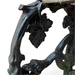 Victorian revival Coalbrookdale 'Dog and Serpent' pattern heavy cast iron garden bench, grape vine detail, joined with eight hardwood slats, finished in black paint