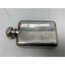 Small silver screw cap hip flask, hallmarked and a silver plated square cigarette box, with monogram to cover