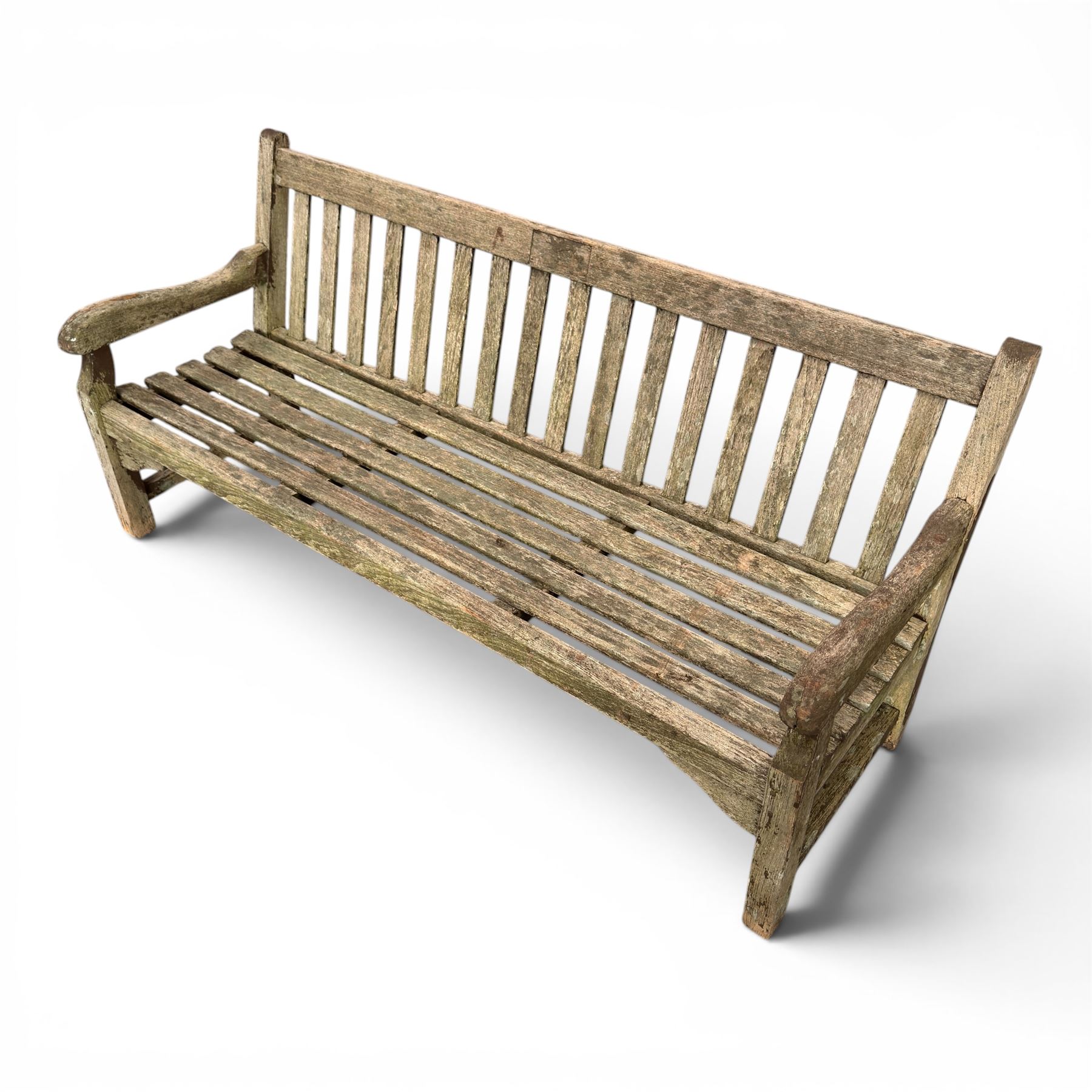 Teak garden bench with slatted back and seat raised on square supports