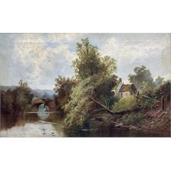 William Gilbert Foster (Staithes Group 1855-1906): River Landscape with Stone Bridge, oil on canvas signed 34cm x 54cm